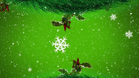 Animation-of-snow-falling-over-fir-tree-and-holly-christmas-decoration-on-green-background