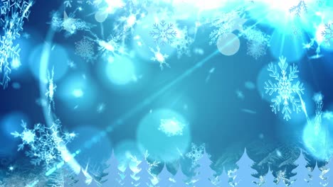 Animation-of-snow-falling-over-blue-spots-of-lights-and-christmas-tree