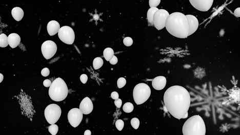 Animation-Von-Weißen-Luftballons,-Die-über-Schnee-Auf-Schwarzem-Hintergrund-Fliegen