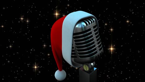 Animación-De-Estrellas-Cayendo-Sobre-Un-Micrófono-Con-Sombrero-De-Navidad-Sobre-Fondo-Oscuro