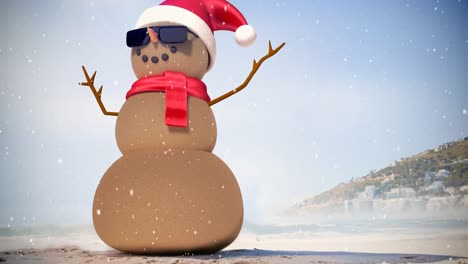 Animación-De-Nieve-Cayendo-Sobre-Muñeco-De-Nieve-Con-Gafas-De-Sol-En-Un-Paisaje-De-Vacaciones-Junto-Al-Mar