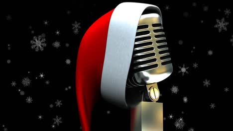 Animation-of-snow-falling-over-microphone-with-christmas-hat-on-dark-background