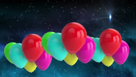 Animation-Von-Bunten-Luftballons,-Die-über-Sterne-Am-Nachthimmel-Fliegen