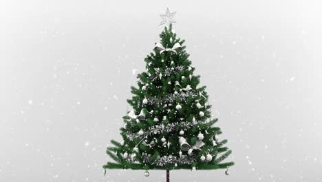Animation-of-snow-falling-over-christmas-tree-on-white-background