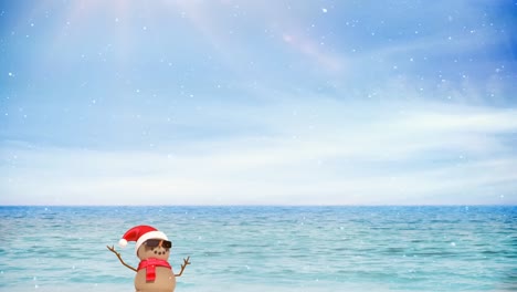Animation-of-snow-falling-over-snowman-with-sunglasses-in-seaside-scenery
