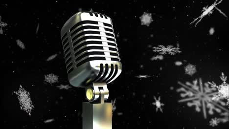 Animation-of-snow-falling-over-microphone-on-dark-background