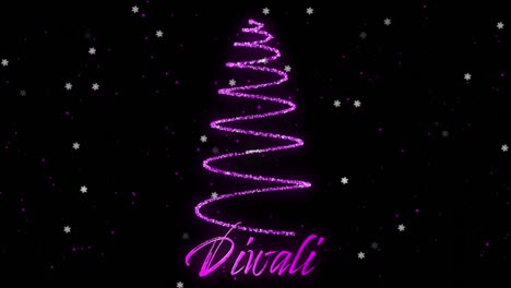Animation-Von-Schnee,-Der-über-Weihnachtliche-Neondekoration-Und-Diwali-Text-Auf-Schwarzem-Hintergrund-Fällt