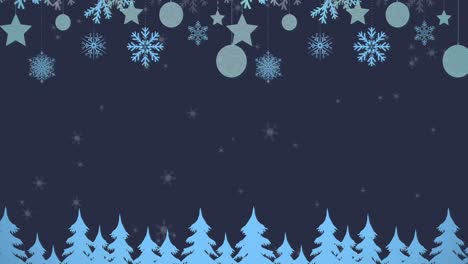 Animation-Eines-Tannenbaums-über-Schnee,-Der-Auf-Dunklen-Hintergrund-Fällt