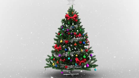 Animation-Von-Schnee,-Der-über-Den-Weihnachtsbaum-Auf-Weißem-Hintergrund-Fällt