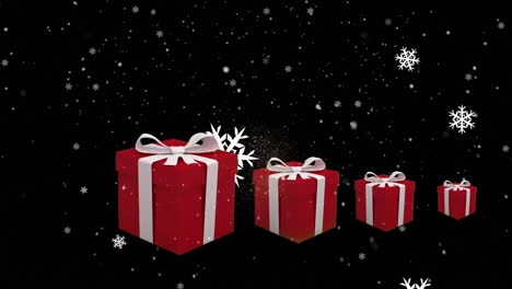 Animation-Von-Schnee,-Der-über-Weihnachtsgeschenke-Auf-Schwarzem-Hintergrund-Fällt