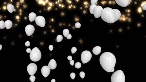 Animation-of-white-balloons-and-snow-falling-over-black-background