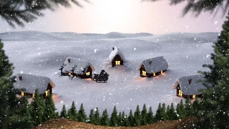 Animation-Des-Weihnachtsmanns-Im-Schlitten-Mit-Rentieren-über-Schnee,-Der-Auf-Die-Winterstadt-Fällt