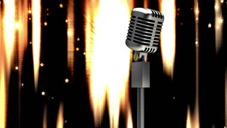 Animation-of-stars-falling-and-glowing-lights-over-microphone-on-dark-background