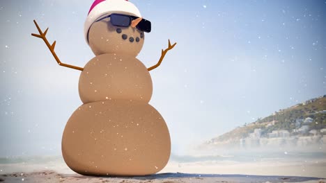 Animation-of-snow-falling-over-snowman-with-sunglasses-in-winter-countryside-scenery