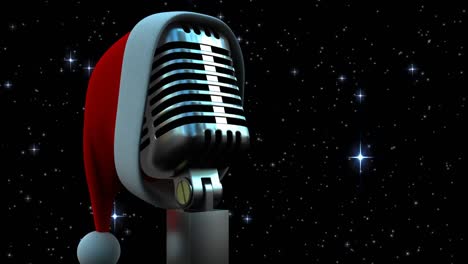 Animation-of-stars-falling-over-microphone-with-christmas-hat-on-dark-background