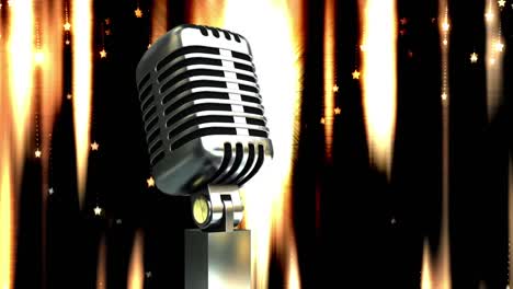 Animation-of-stars-falling-and-glowing-lights-over-microphone-on-dark-background