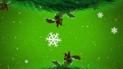 Animation-of-fir-tree-branches-and-christmas-decorations-over-snow-falling