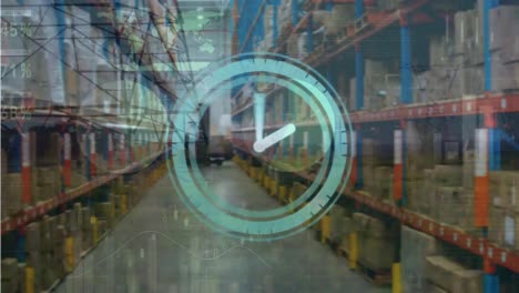 Animation-of-blue-clock-and-data-processing-over-warehouse