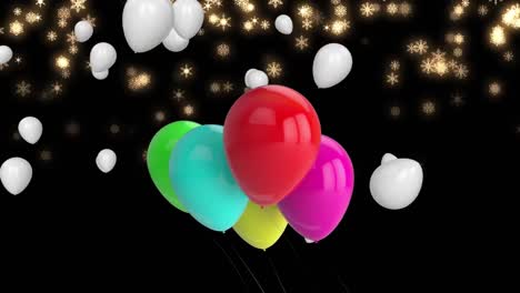 Animation-Von-Bunten-Luftballons-über-Schnee-Auf-Schwarzem-Hintergrund