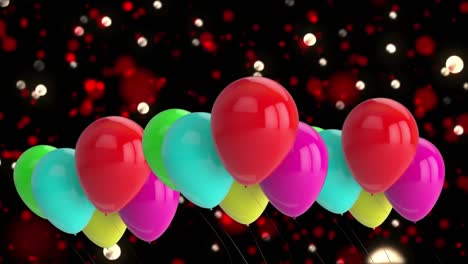 Animation-Von-Bunten-Luftballons-über-Leuchtenden-Flecken-Auf-Schwarzem-Hintergrund
