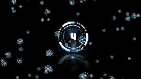 Animation-of-clock-over-snow-falling-on-black-background