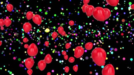 Animation-of-red-balloons-flying-over-glowing-colorful-lights