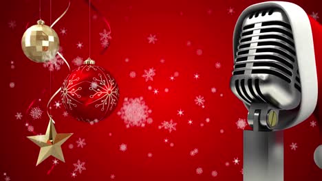 Animation-of-microphone-over-snow-falling-and-christmas-decoration