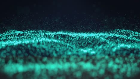 Animation-of-snow-falling-over-green-glowing-mesh-on-black-background