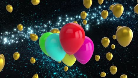 Animation-Von-Bunten-Luftballons,-Die-über-Sterne-Fliegen
