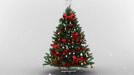 Animation-Von-Schnee,-Der-über-Den-Weihnachtsbaum-Auf-Weißem-Hintergrund-Fällt