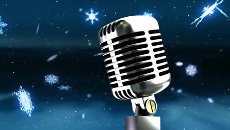 Animation-of-snow-falling-over-microphone-on-dark-background