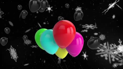Animation-of-colorful-balloons-flying-over-snowflakes-on-black-background