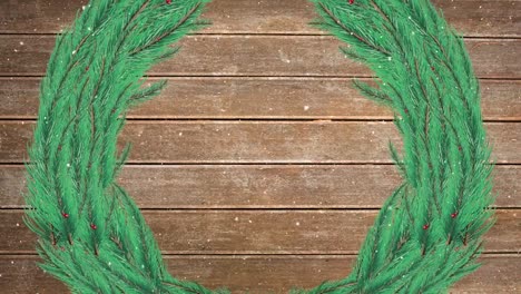 Animation-of-snow-falling-over-fir-tree-wreath-with-copy-space-on-wooden-boards