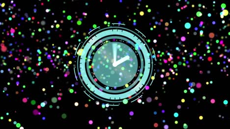 Animation-of-clock-over-glowing-colorful-lights