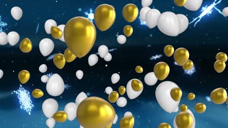 Animation-Von-Weißen-Und-Goldenen-Luftballons,-Die-über-Sternen-Fliegen