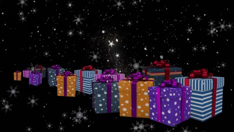 Animation-of-snow-falling-over-christmas-gifts-on-black-background