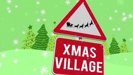 Animation-of-snow-falling-over-warning-sing-with-xmas-village-text-in-winter-scenery