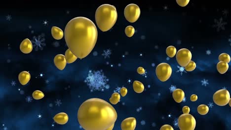Animation-of-golden-balloons-flying-over-snow-on-dark-background
