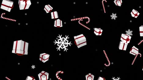 Animation-Von-Weihnachtsgeschenken-Und-Schnee,-Der-Auf-Schwarzen-Hintergrund-Fällt