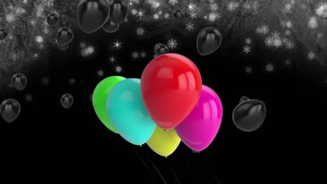 Animation-of-colorful-balloons-flying-over-snow-on-black-background