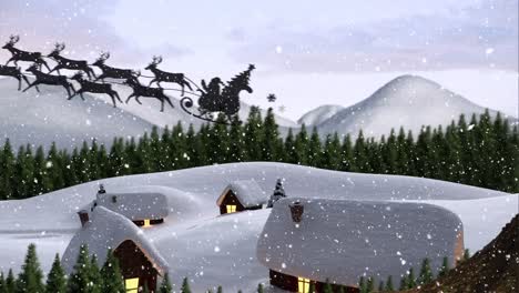 Animation-of-santa-claus-in-sleigh-with-reindeer-over-snow-falling-on-winter-town