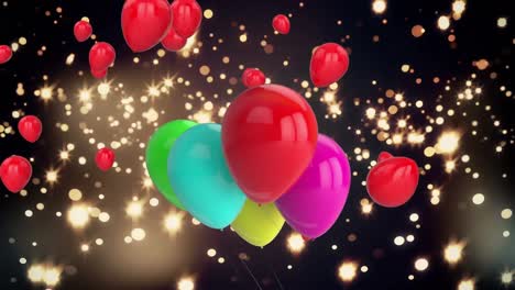 Animation-Von-Bunten-Luftballons,-Die-über-Leuchtende-Lichter-Fliegen