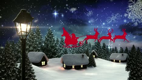 Animation-of-santa-claus-in-sleigh-with-reindeer-over-snow-falling-in-winter-scenery