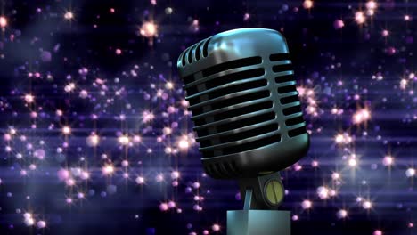 Animation-of-flying-glowing-purple-lights-over-microphone-on-dark-background
