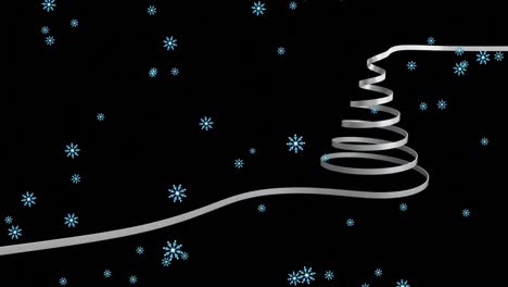 Animation-of-line-making-shape-of-christmas-tree-over-snow-falling-on-black-background
