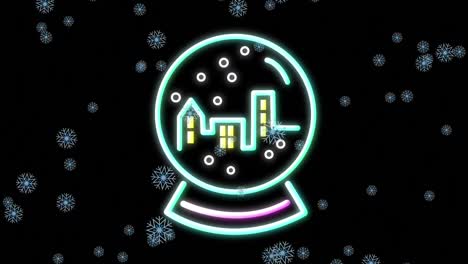 Animation-Von-Schnee,-Der-über-Neon-Weihnachtsdekoration-Auf-Schwarzem-Hintergrund-Fällt