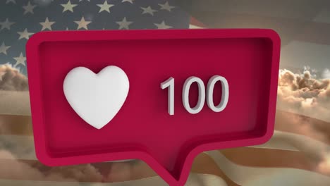 Animation-of-heart-icon-with-numbers-on-speech-bubble-with-flag-of-usa