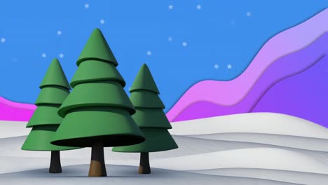 Animation-of-blue-and-purple-shapes-and-snow-falling-in-digital-winter-landscape