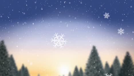 Animation-Von-Schnee,-Der-über-Winterlandschaft-Und-Nordlichtern-Fällt