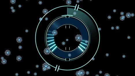 Animation-of-loading-circle-over-falling-snow-and-black-background